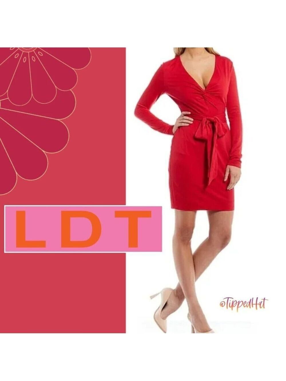 LDT Heidi Knot Front Plunge V-Neck Long Sleeve Jersey Dress - S - NWT $189